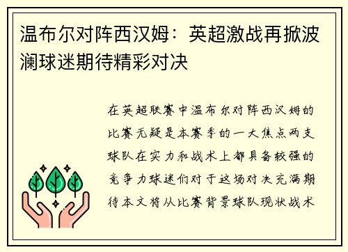 温布尔对阵西汉姆：英超激战再掀波澜球迷期待精彩对决